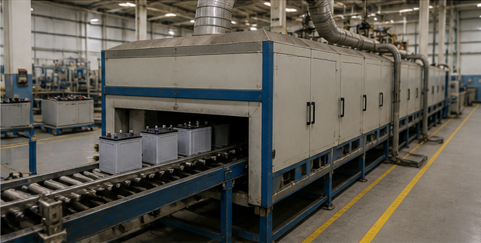Battery curing and formation tunnel